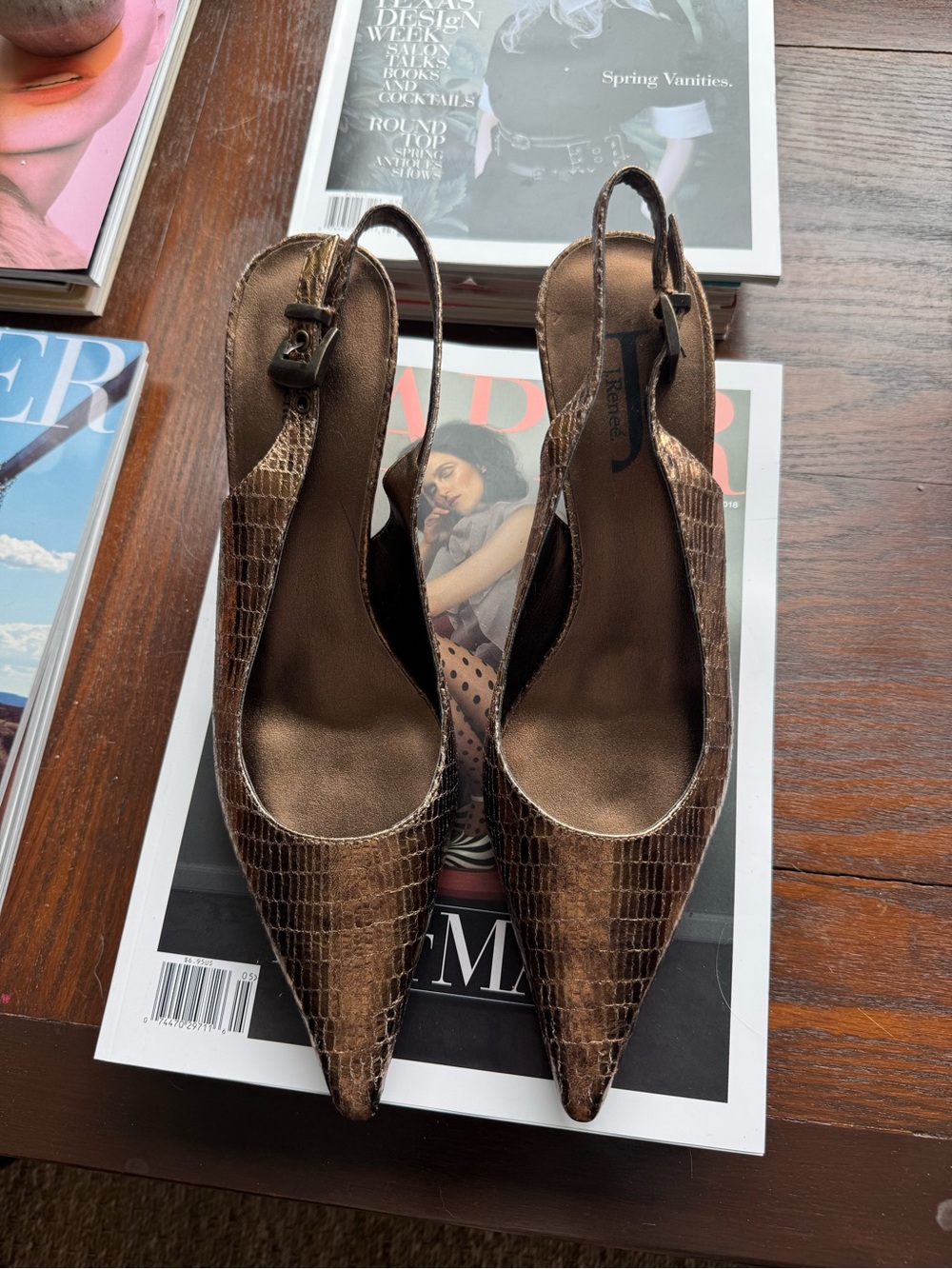J.Renee Metallic Brown Croc-Embossed Pointed Slingback Heels